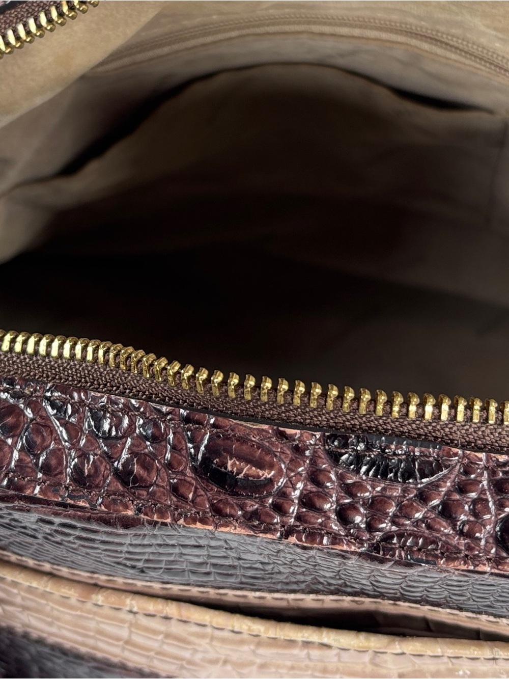 Brahmin Striped Dome Croc-Embossed Satchel Bag in Dark Brown and Beige - Picture 15 of 16